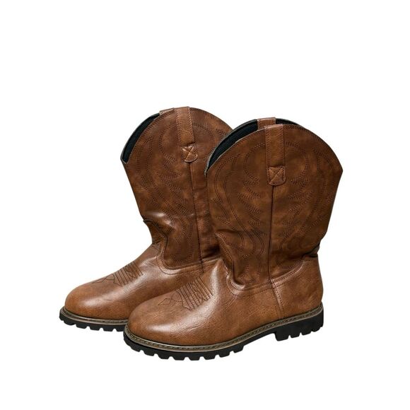 Mens Brown Fashion Western Boots Classic Embroidered Pull On Slip Resistant Cowb - Picture 1 of 9